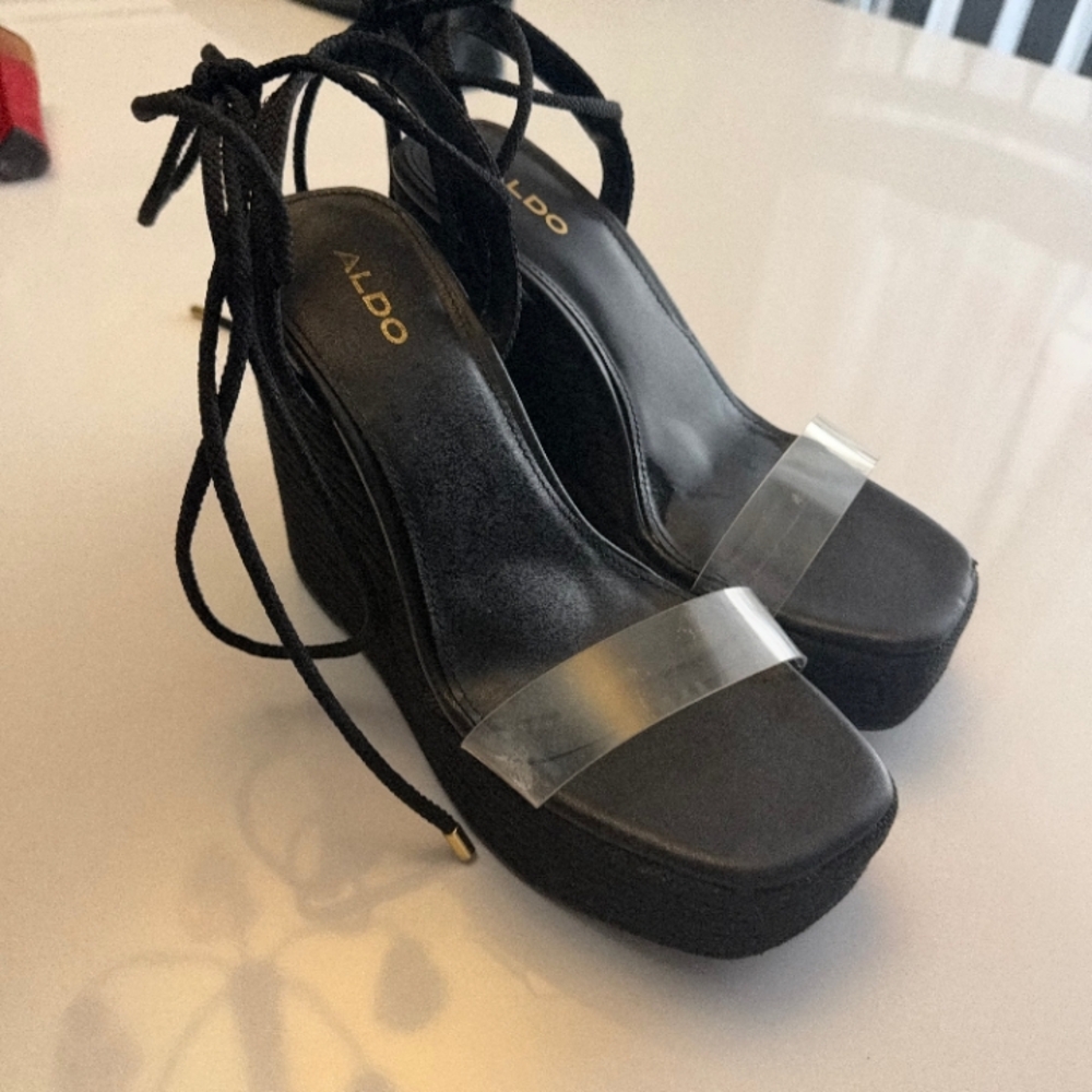 ALDO Black Platform Sandals with Clear Toe Strap and Lace-Up Ties
